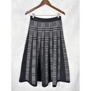 D. Exterior Wool Cashmere Plaid Black & White Knit Pleated Midi Skirt Size Small